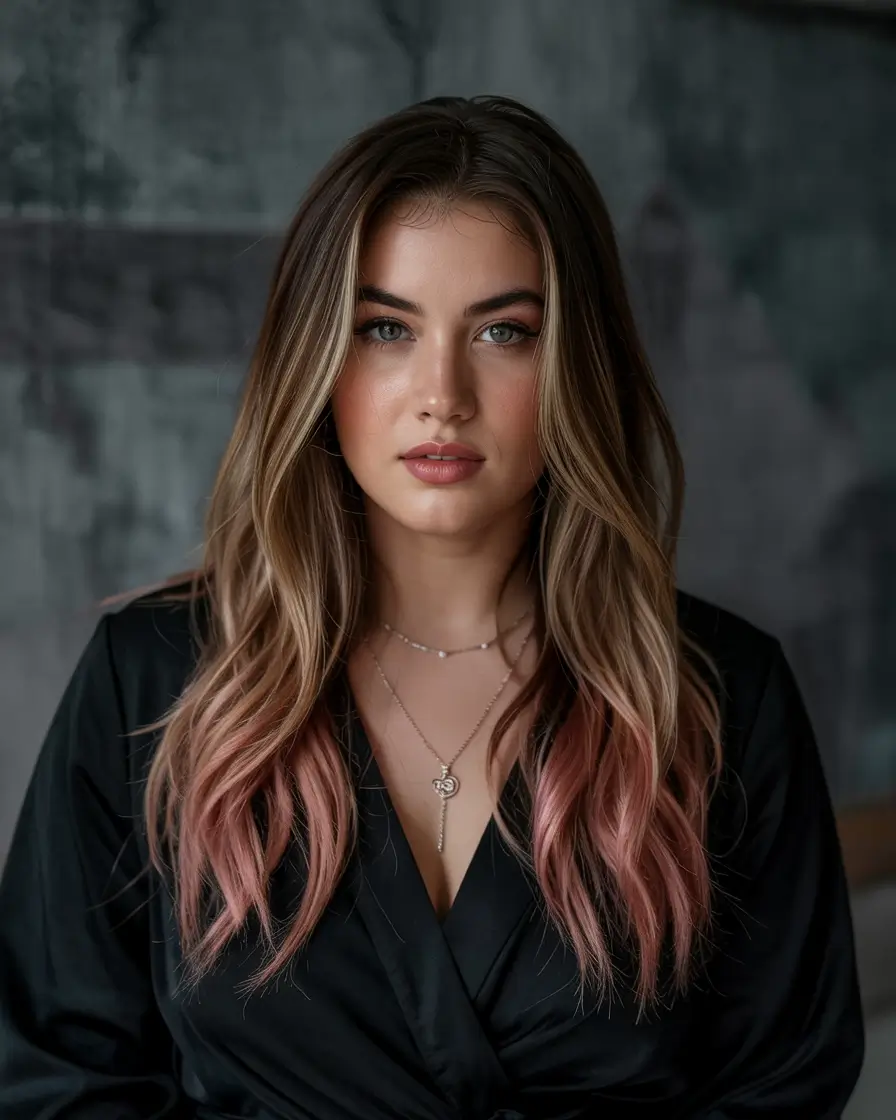 plus size women haircut inspiration 2026 Dimensional Balayage with Subtle Pink Ends