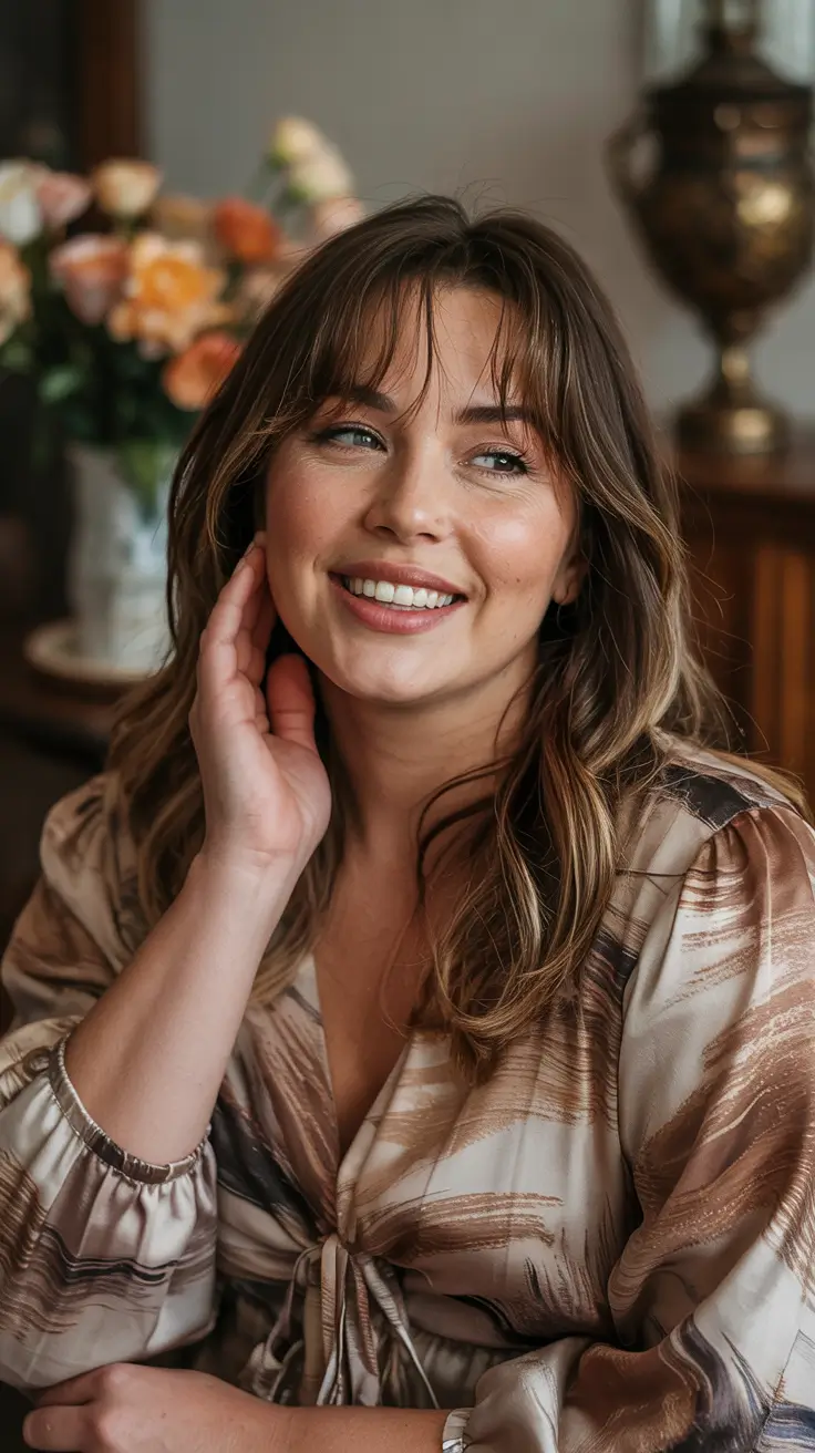 plus size women haircut inspiration 2026 Soft Curtain Fringe with Romantic Layers