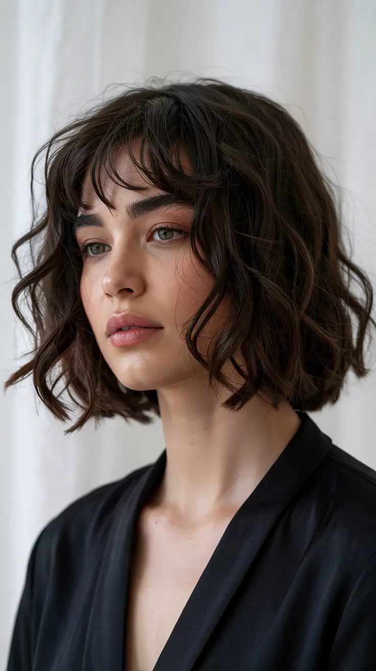 plus size women haircut inspiration 2026 Short Textured Bob with French Bangs