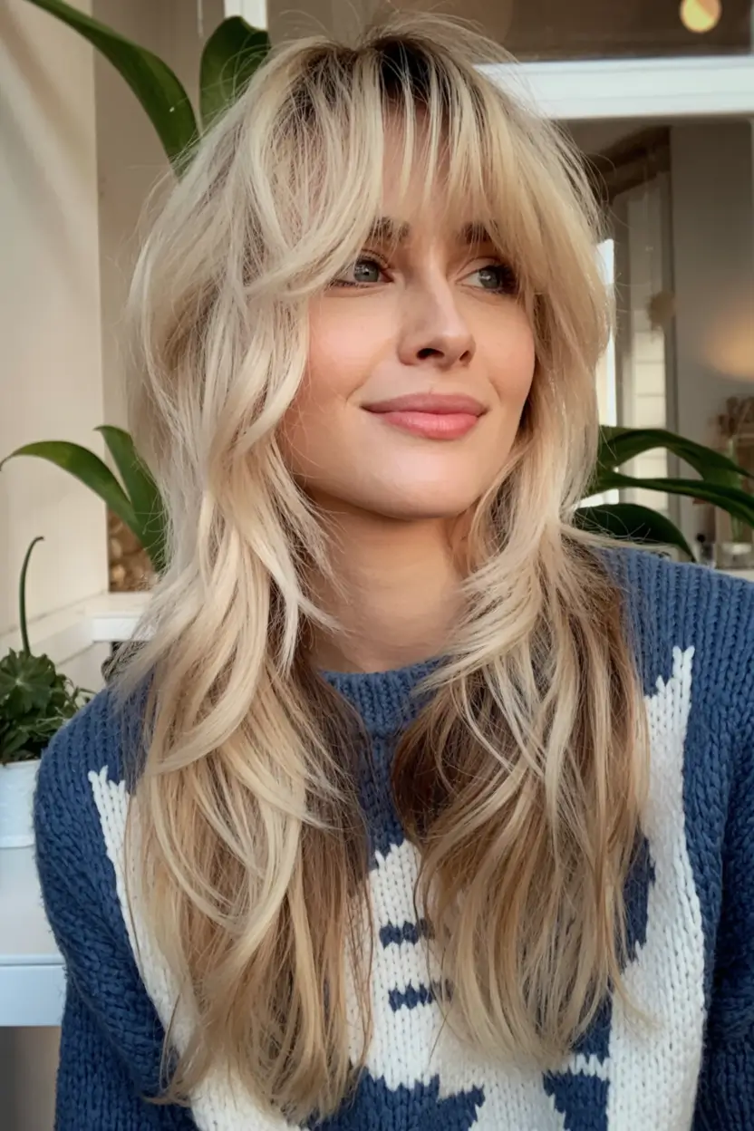 shag haircuts for women 2026 Soft Layers and Curtain Bangs The Modern Blonde Shag