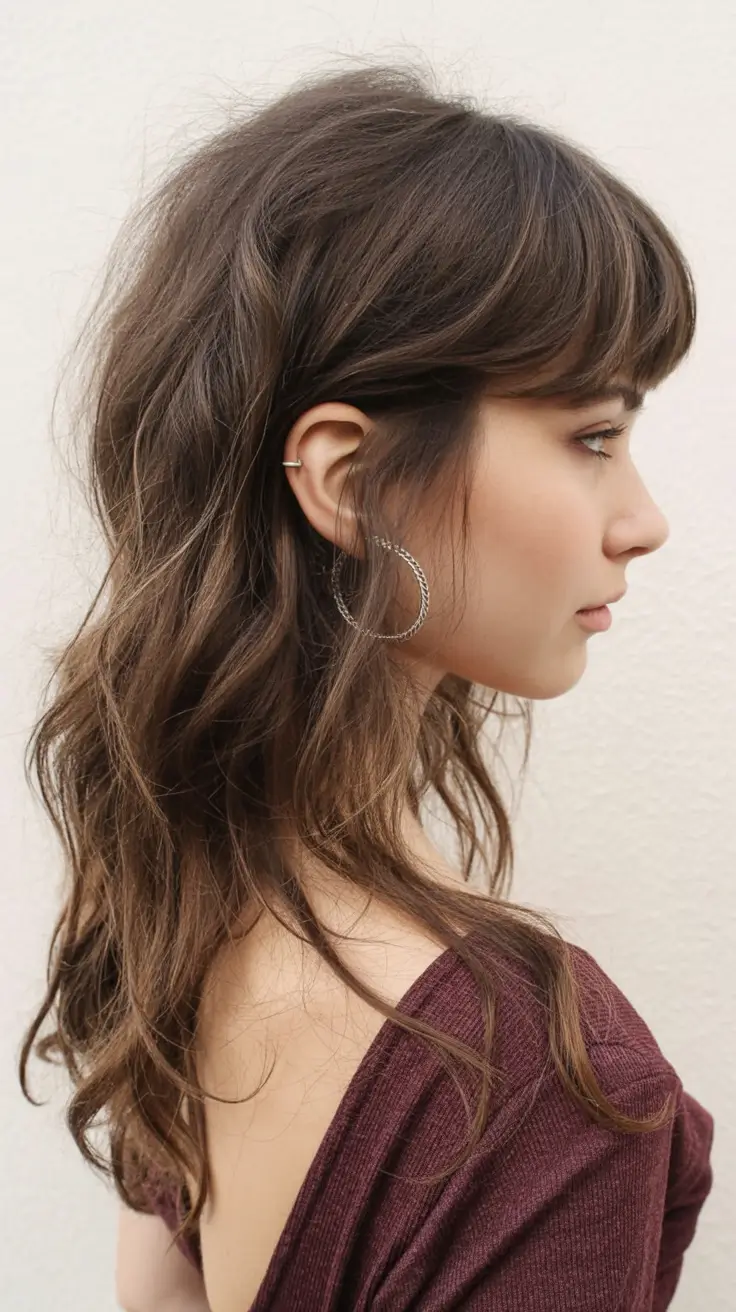 shag haircuts for women Subtle Coffee-Toned Shag with Curtain Bangs