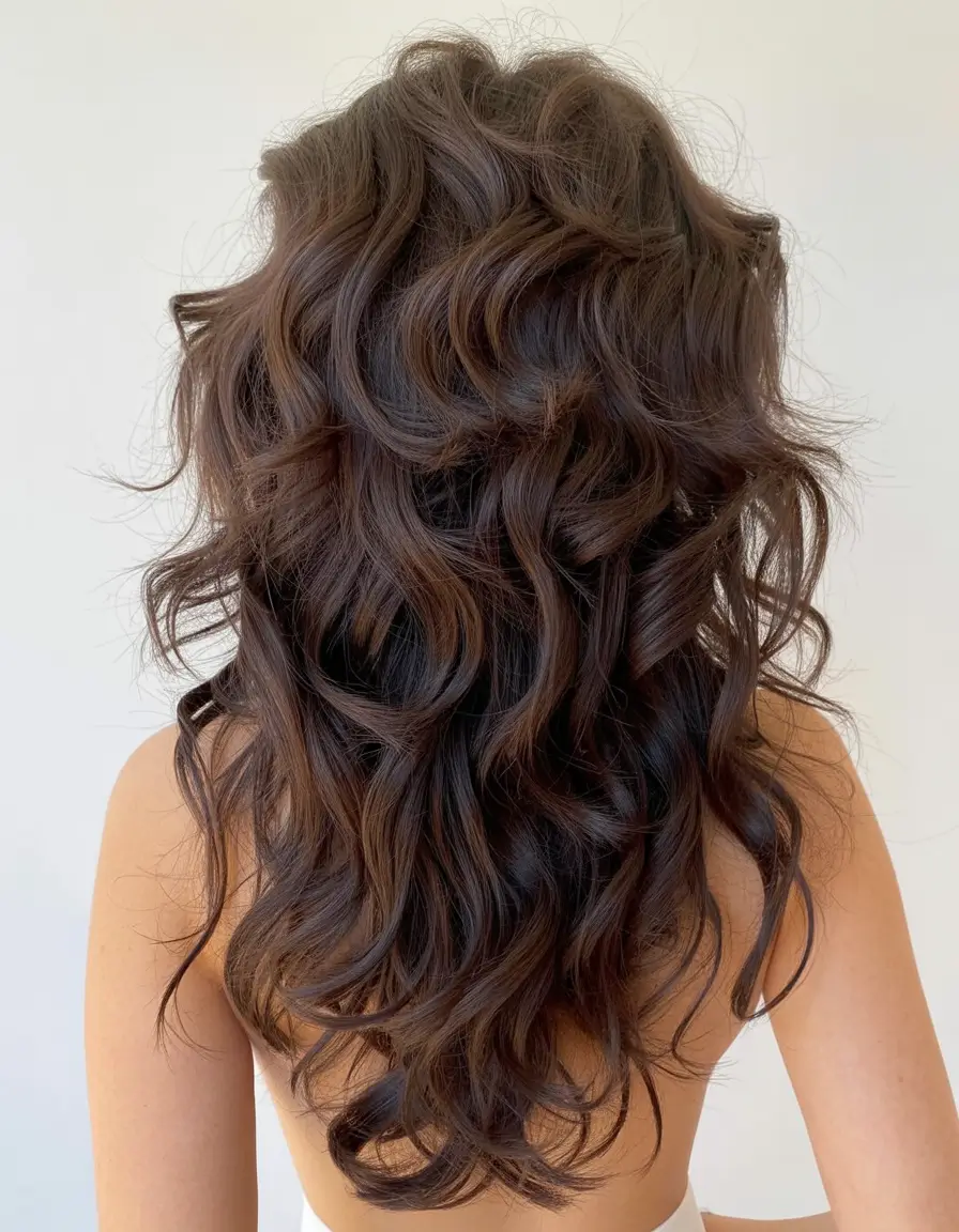 shag haircuts for women Voluminous Chocolate Curls with Layered Texture