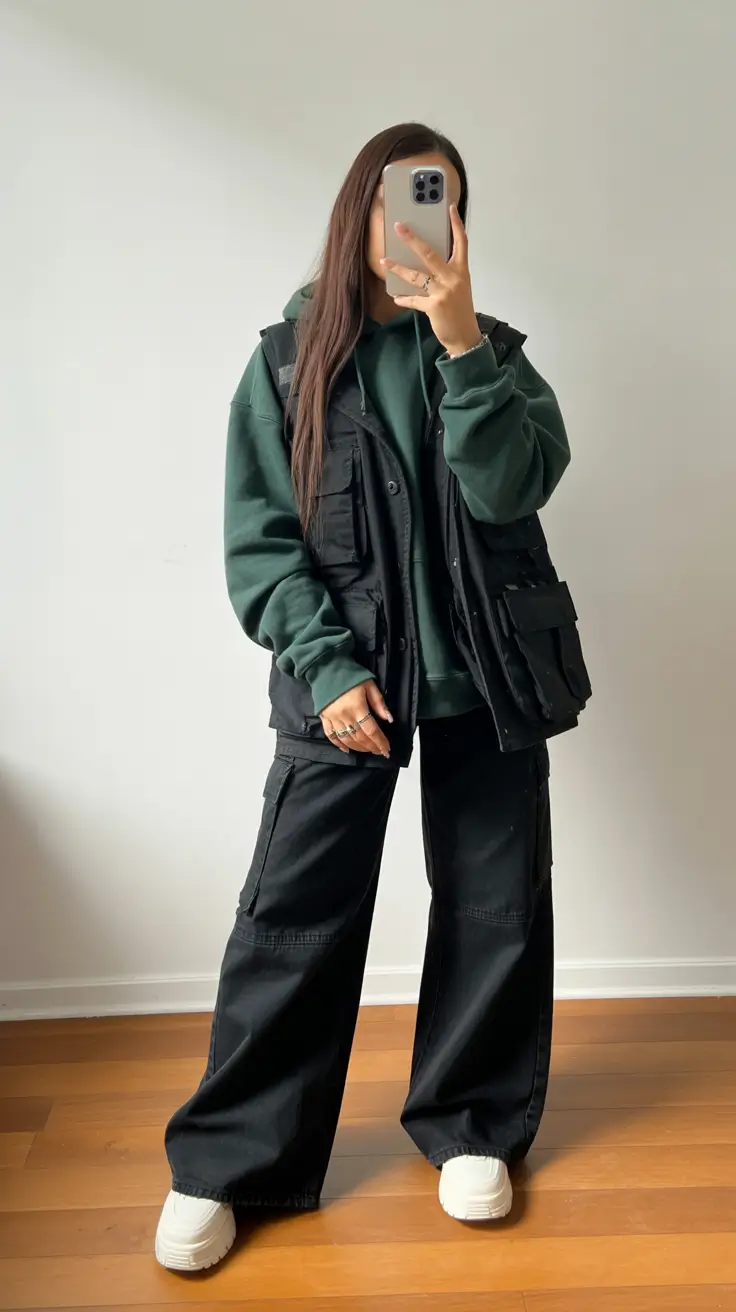 fashion outfits women Utility Street Layers in Deep Forest Tones