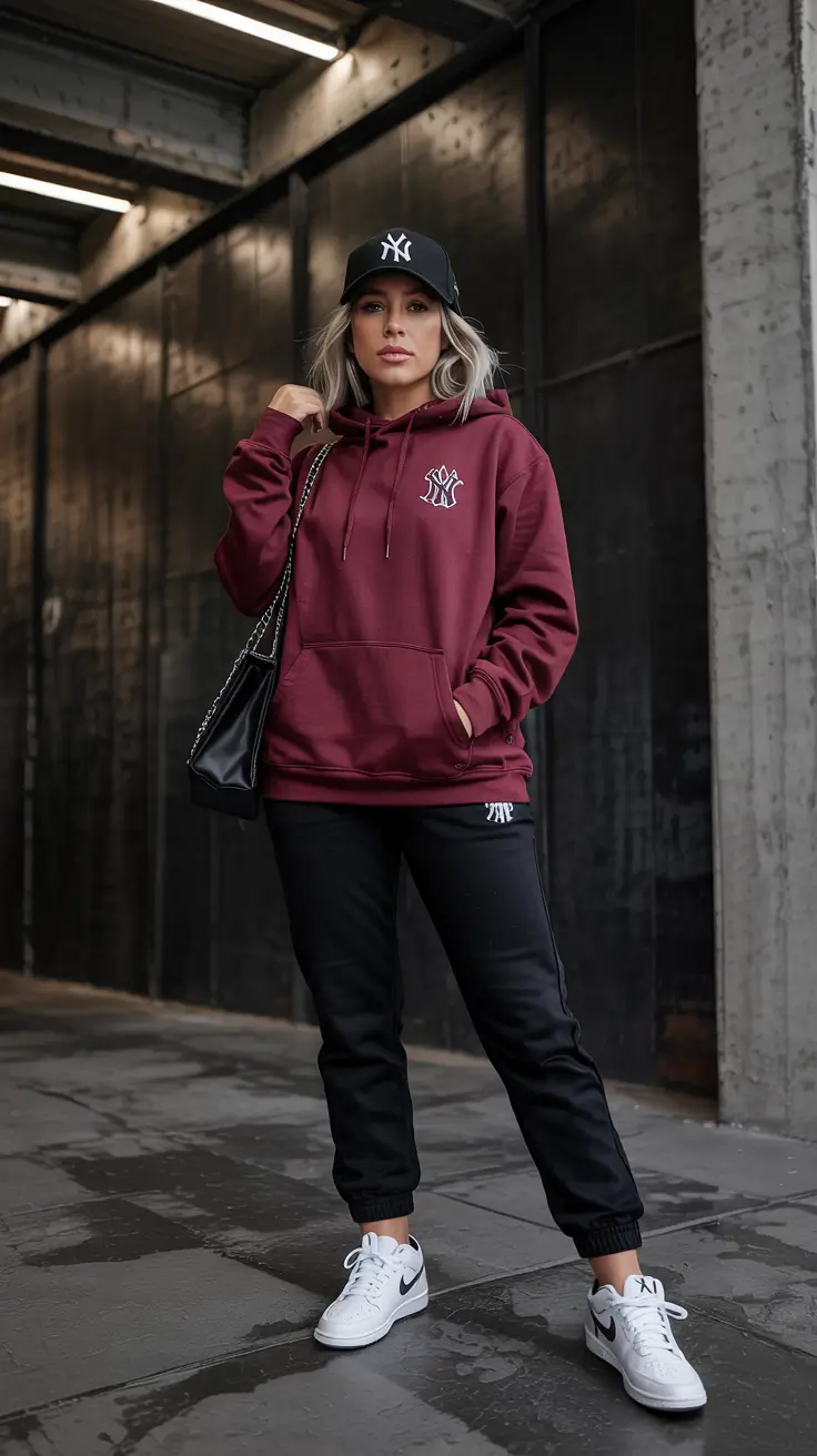 sneakers-outfits-women Burgundy Street Style With Sleek Black Joggers