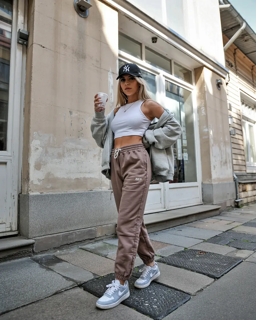 sneakers-outfits-women Soft Brown Joggers With a Fresh Sporty Twist