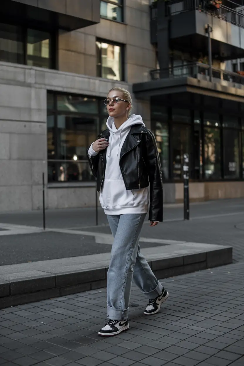 sneakers-outfits-women Modern Moto Layering With Light Denim and Monochrome Sneakers