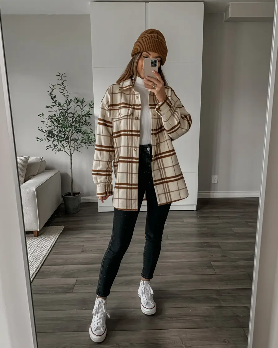 Trendy outfits with sneakers 2026 Cozy Check Layers for Crisp Days