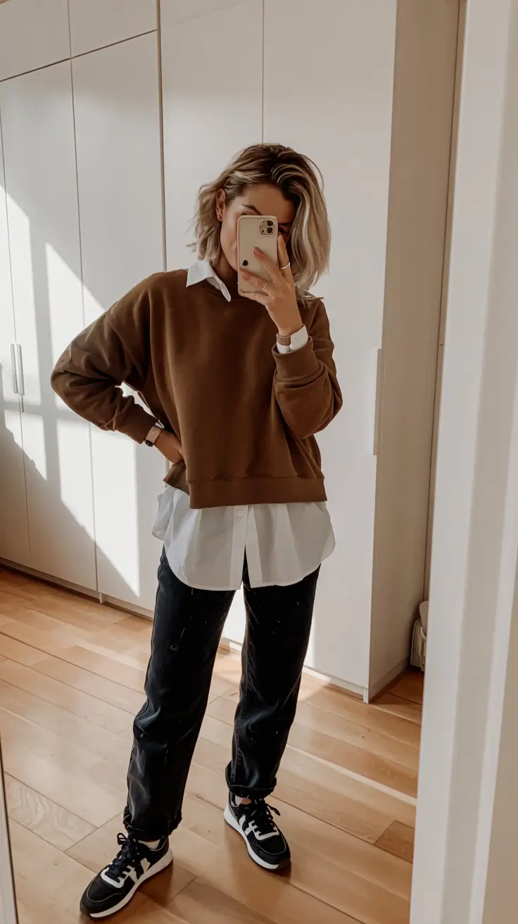 Trendy outfits with sneakers 2026 Smart-Casual Layers With a Preppy Twist