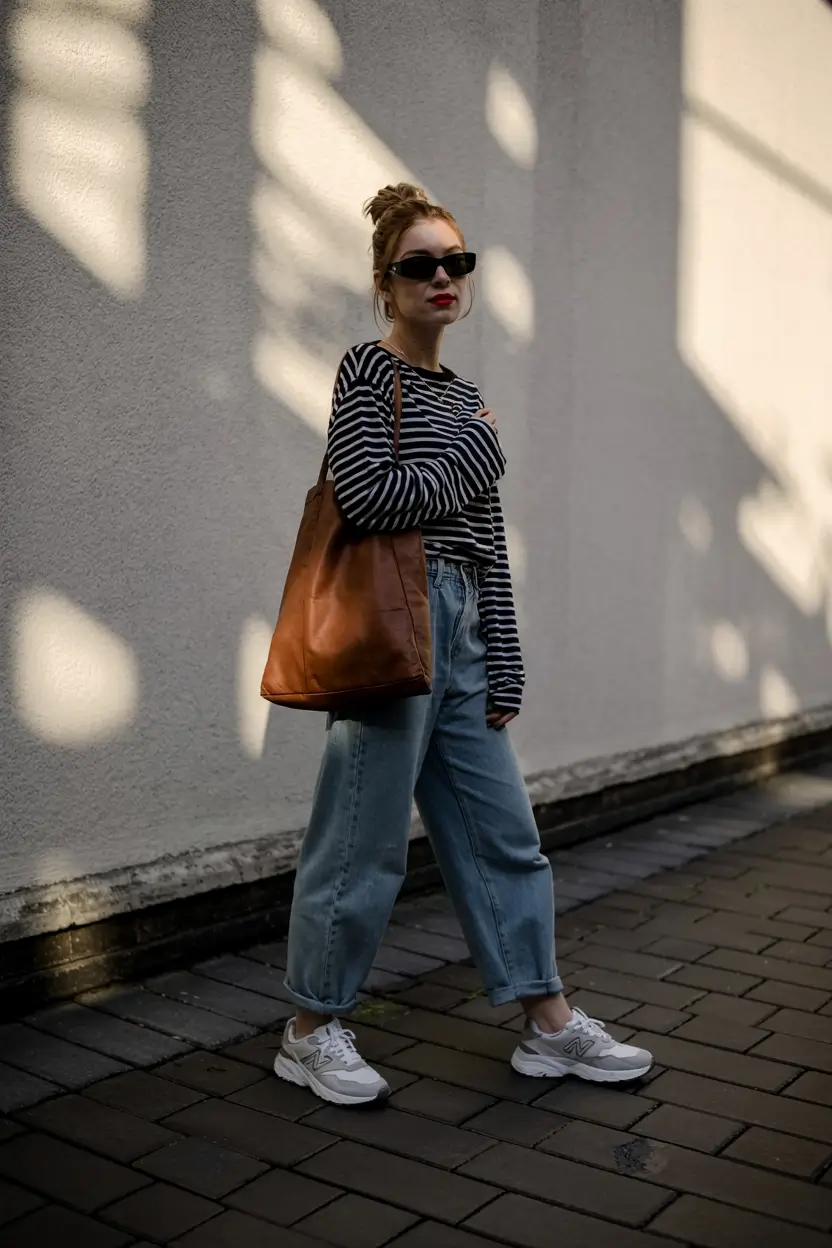Trendy outfits with sneakers 2026 Classic Stripes and Light Denim Ease