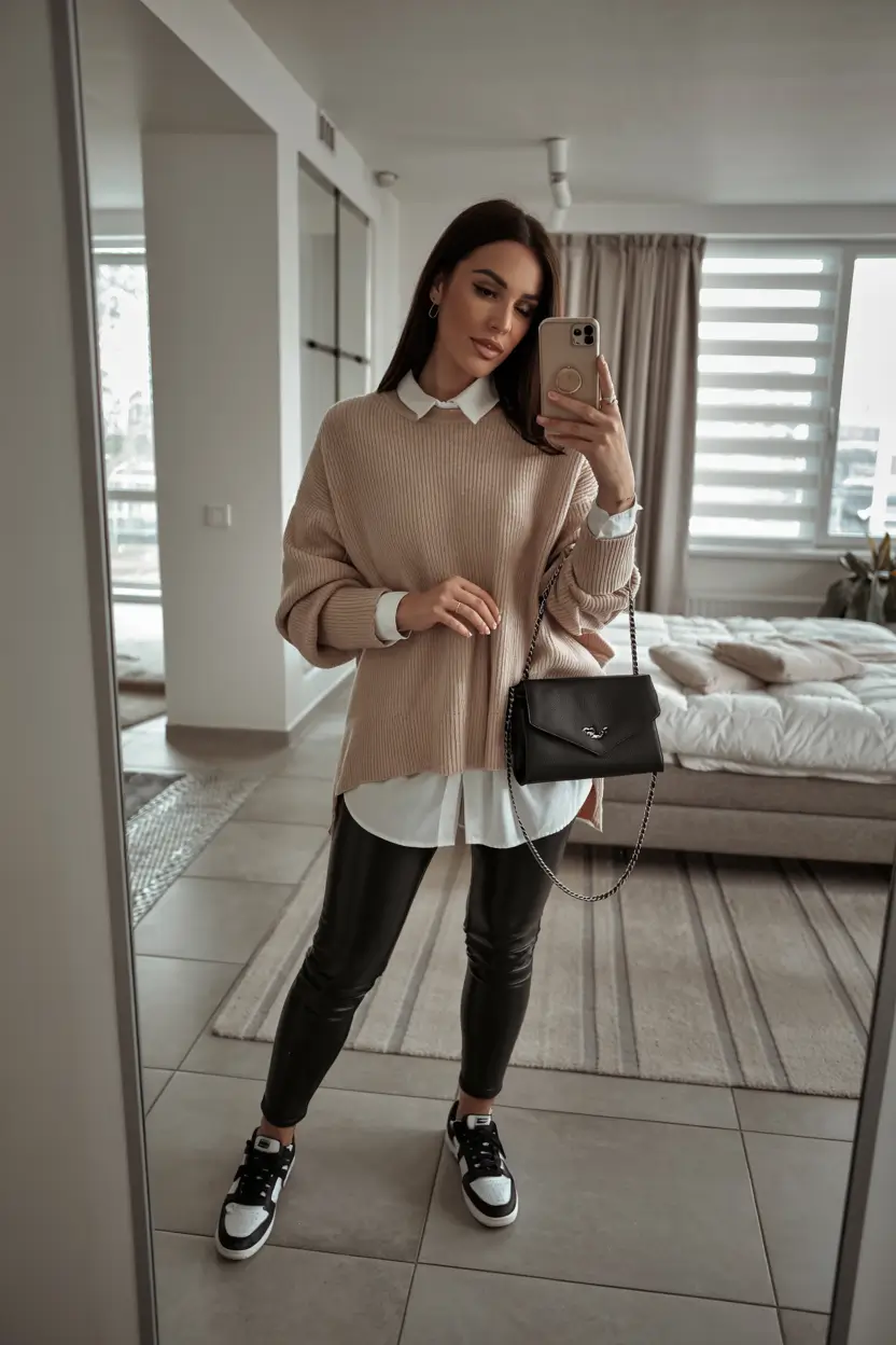 sneakers-outfits-women Layered Neutrals With a Preppy Finish