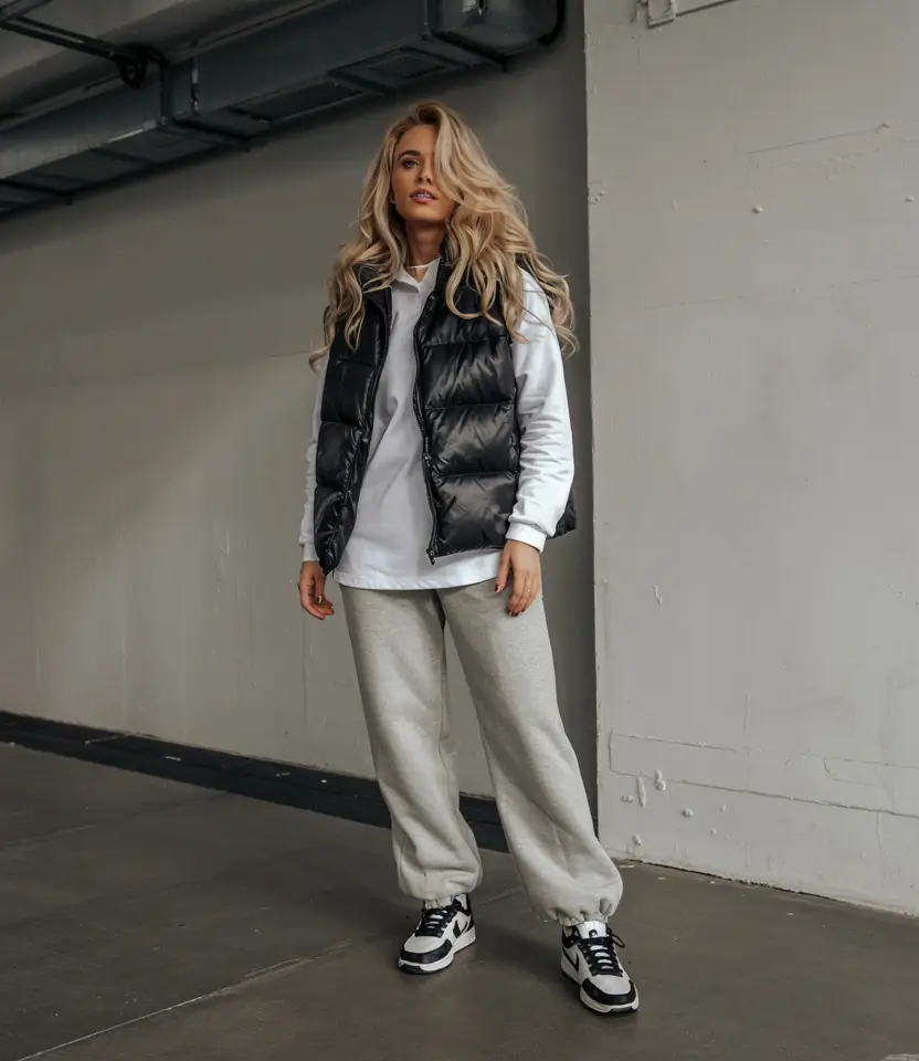 sneakers-outfits-women Cozy Layers With a Black Puffer Twist