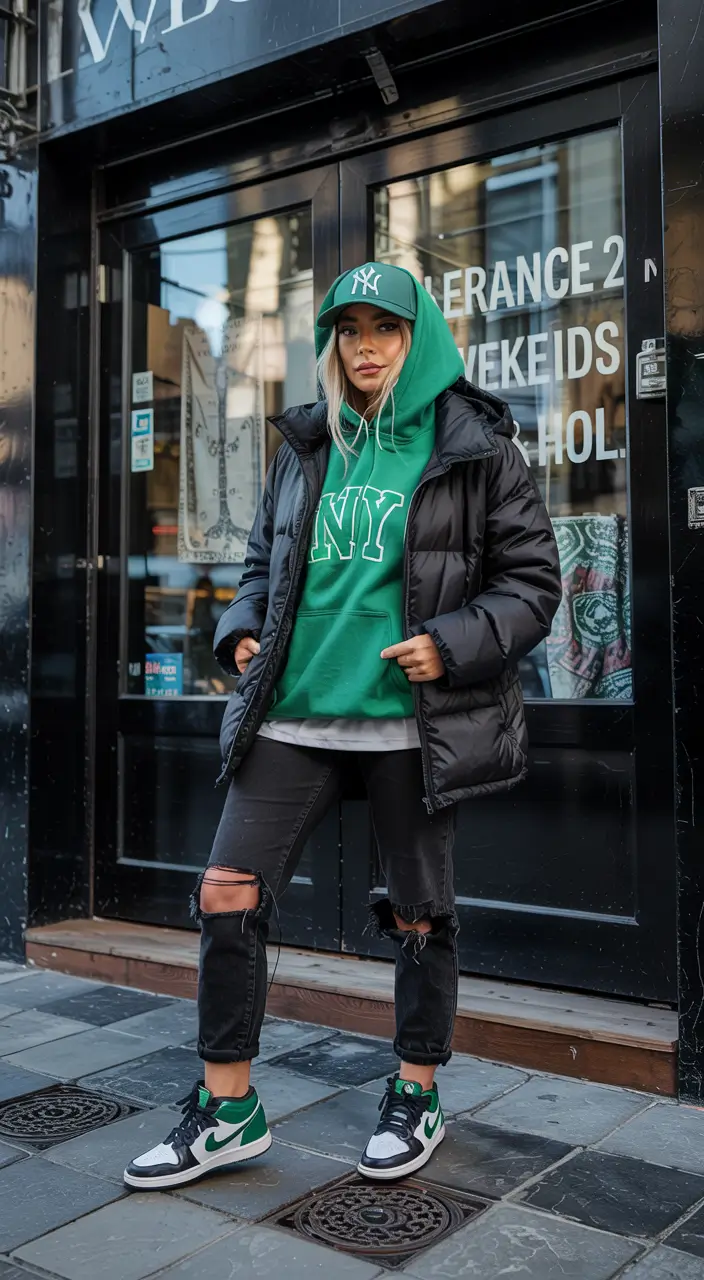 sneakers-outfits-women Green Streetwear Energy With Torn Denim