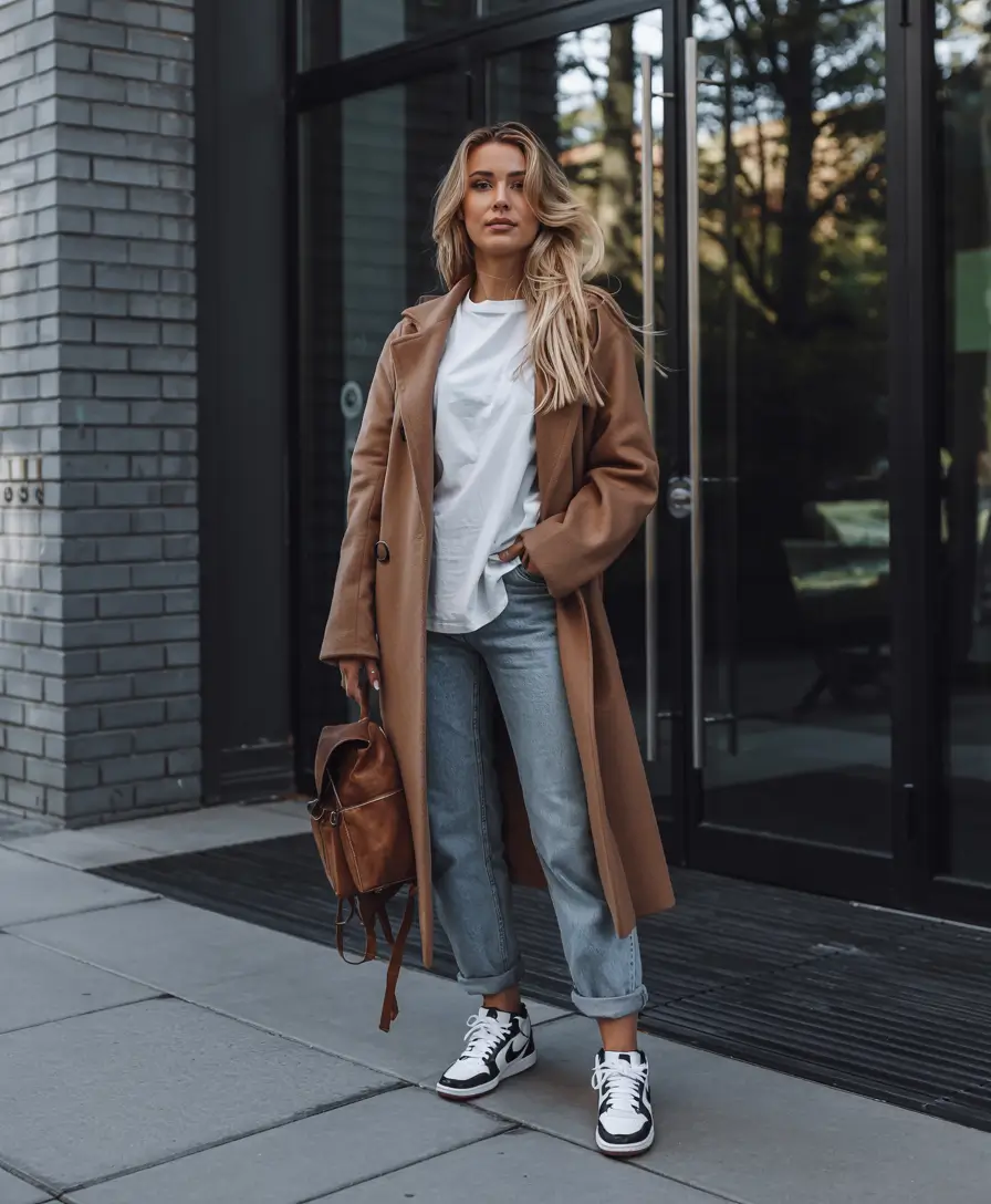 sneakers-outfits-women Camel Coat Elegance With Relaxed Denim