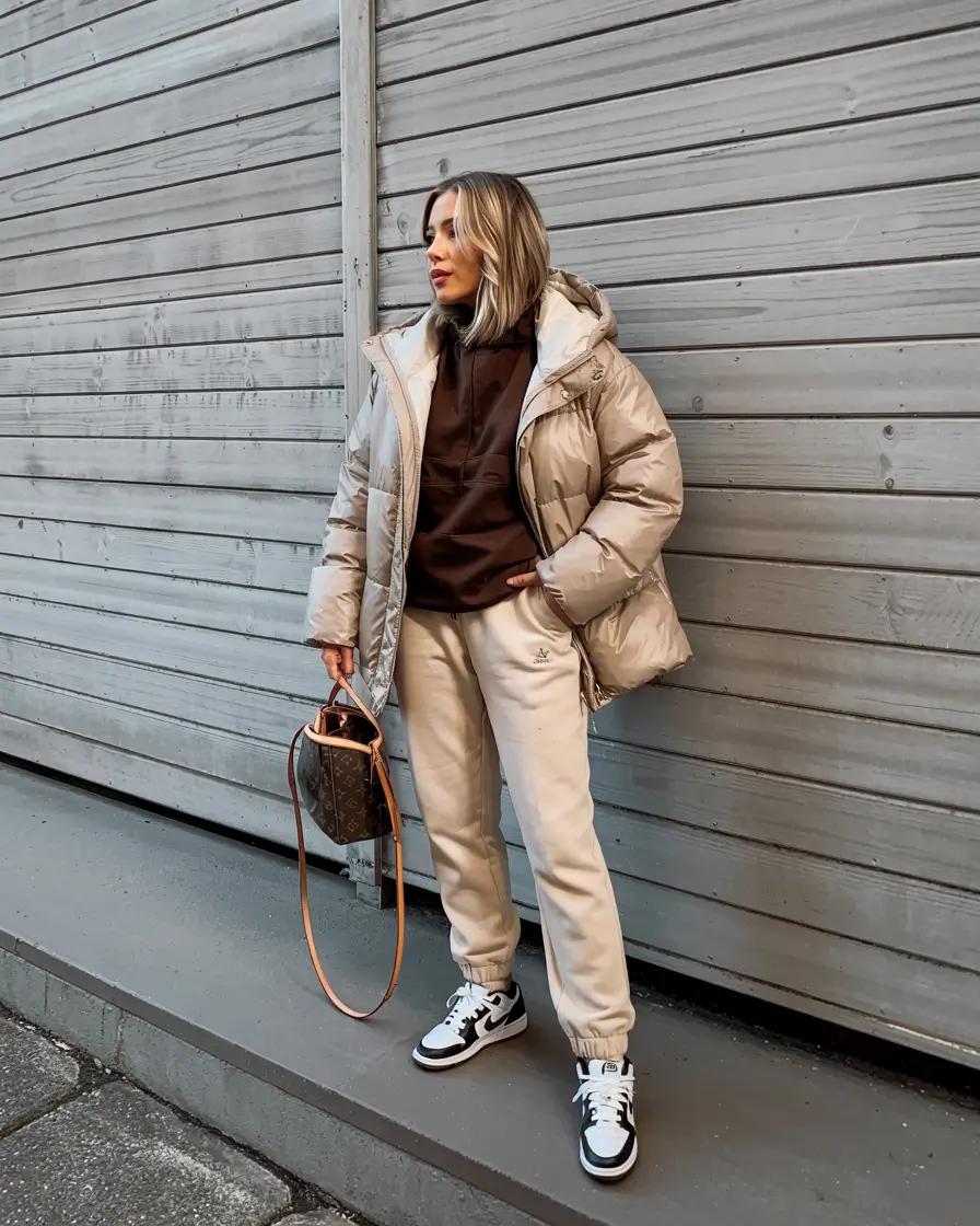 sneakers-outfits-women Soft Neutrals With a Rich Brown Hoodie