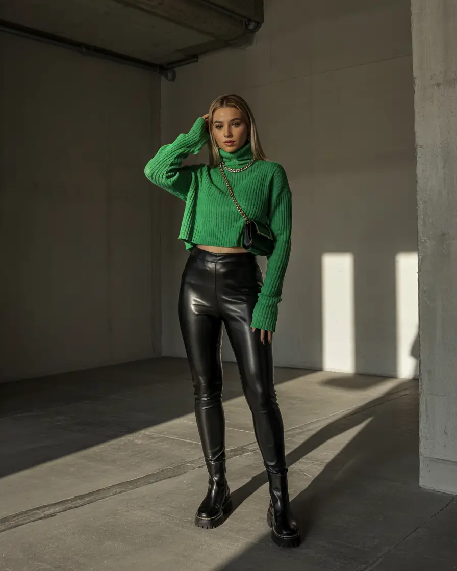 trendy outfits 2026 Emerald Energy & Leather Shine