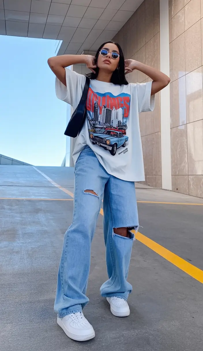 y2k outfits 2026 Oversized Graphic Tee & Retro Street Energy