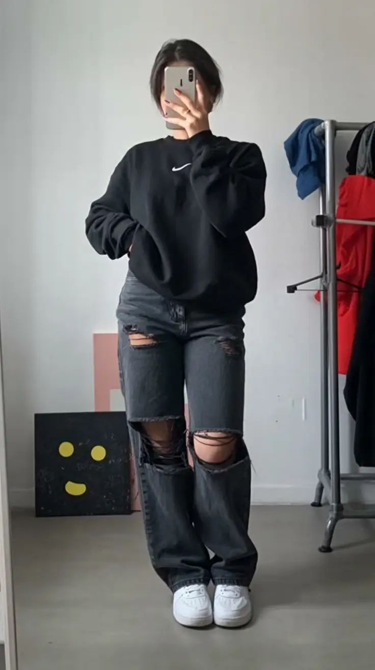 y2k outfits 2026 Black Sweatshirt & Distressed Denim Nostalgia