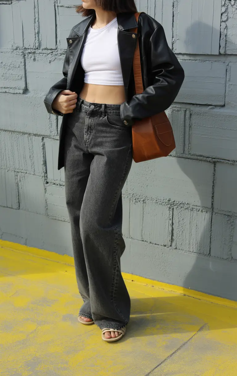 y2k outfits 2026 Black Leather & Charcoal Denim Minimalism