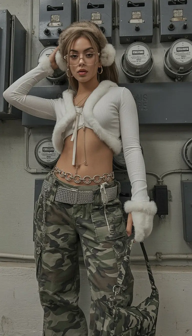 y2k outfits women Bold Camo and Fluffy Details for True Y2K Attitude