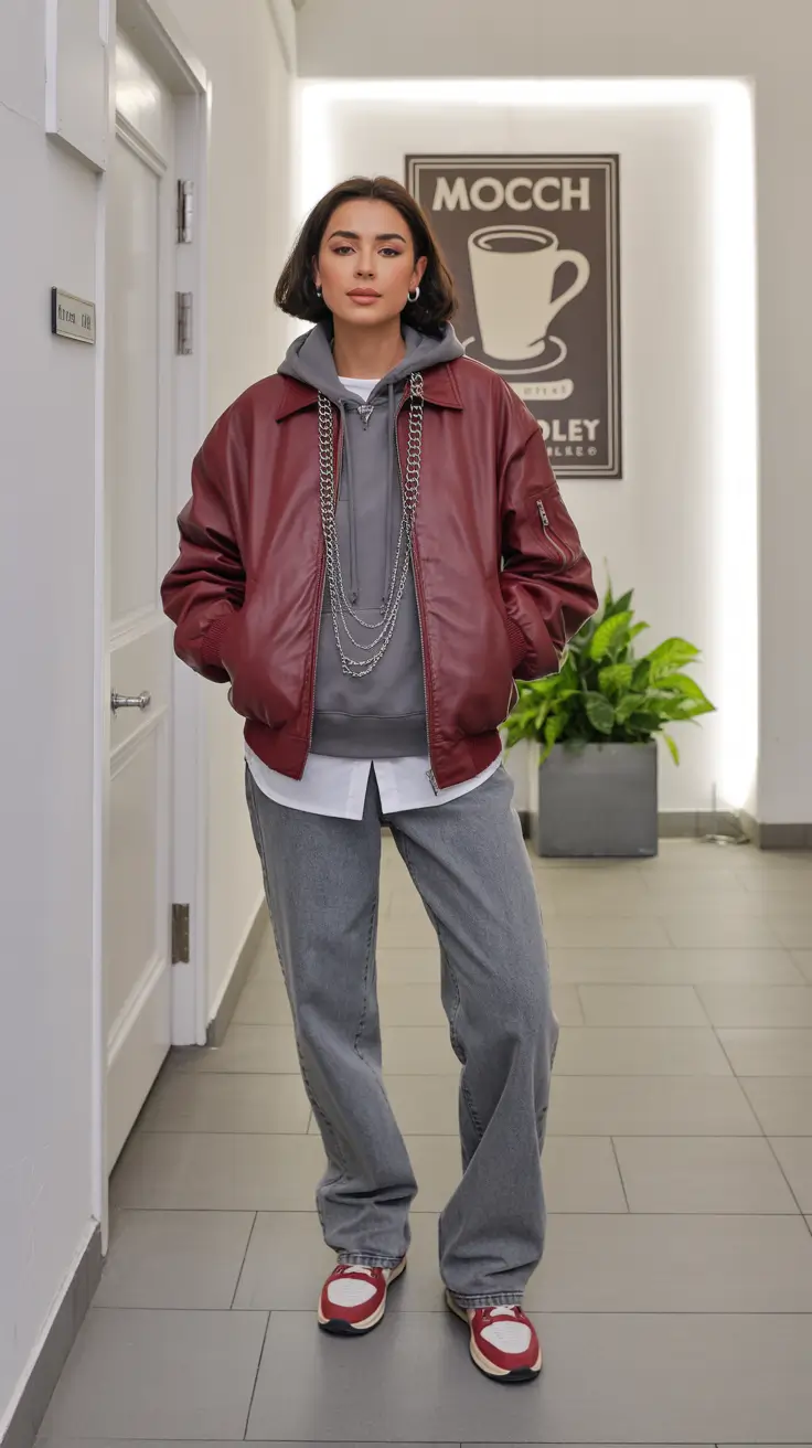 y2k outfits 2026 Burgundy Leather & Layered Street Warmth