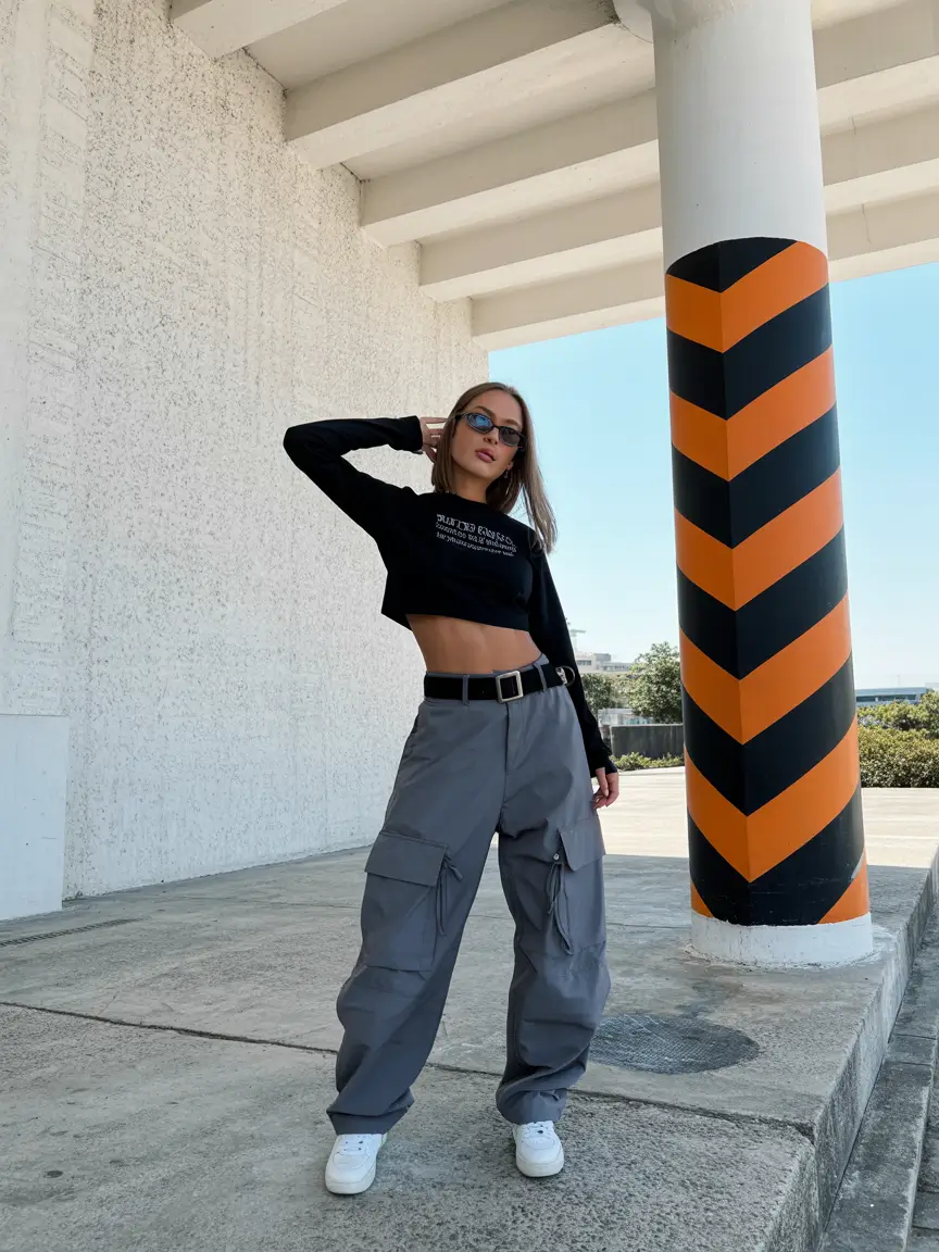 y2k outfits 2026 Grey Cargo Power & Minimalist Black Crop
