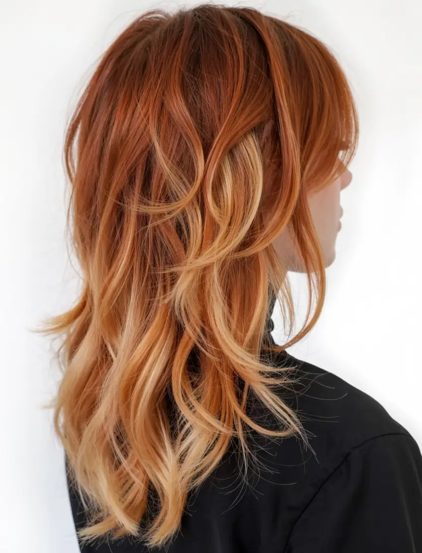 wolf haircut long hair Warm Auburn Layers with Sunlit Dimension