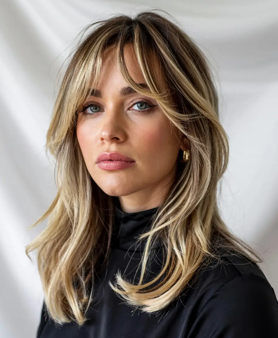 wolf haircut medium Golden Beige Wolf with Face Framing Bangs