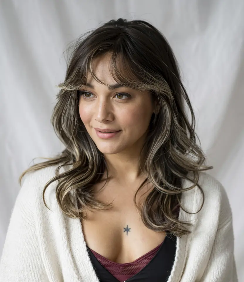 wolf haircut long Natural Brunette Wolf with Silver Touch Highlights