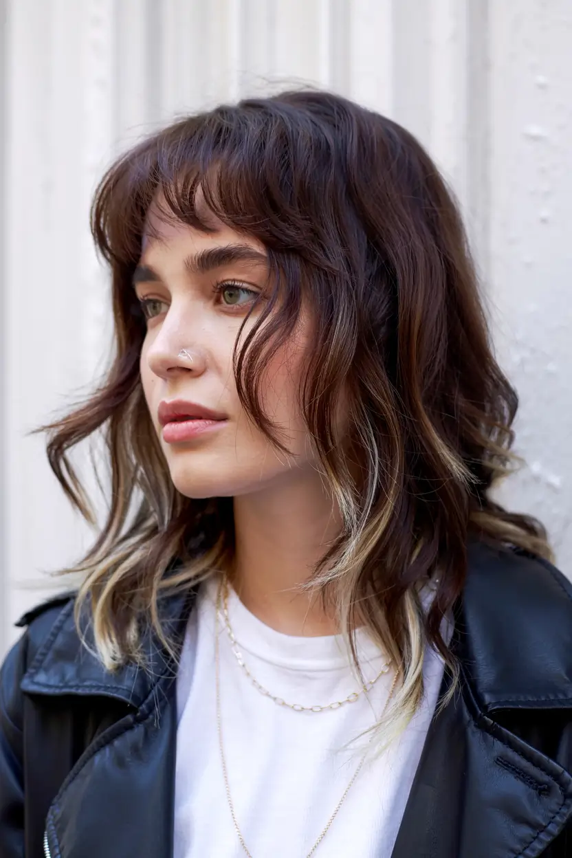 wolf haircut medium Choppy Brunette Wolf with Frosted Ends