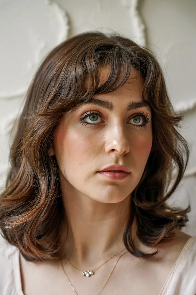 wolf haircut medium length Soft Mocha Wolf with Rounded Bangs