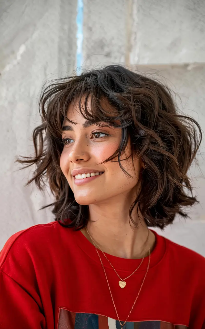 wolf haircut short hair Textured Brunette Wolf with Playful Waves