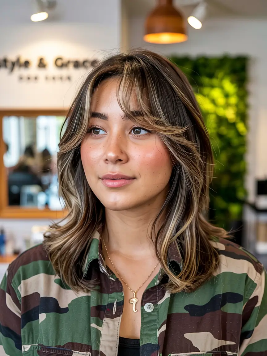 wolf haircut medium Soft Caramel Wolf with Chic Curtain Bangs