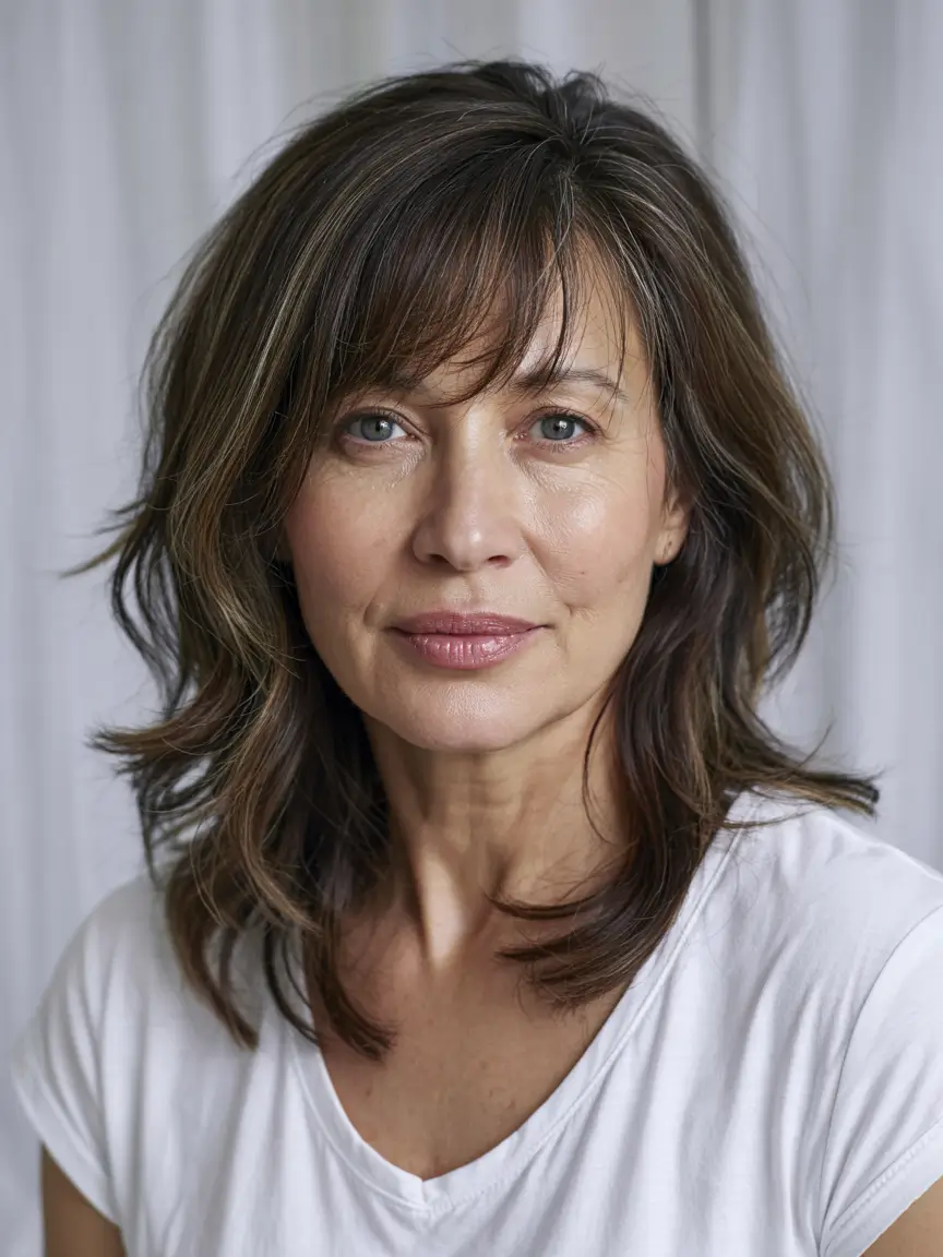 haircuts for women over 40 2026 Soft Mid Length Layers With Side Bangs