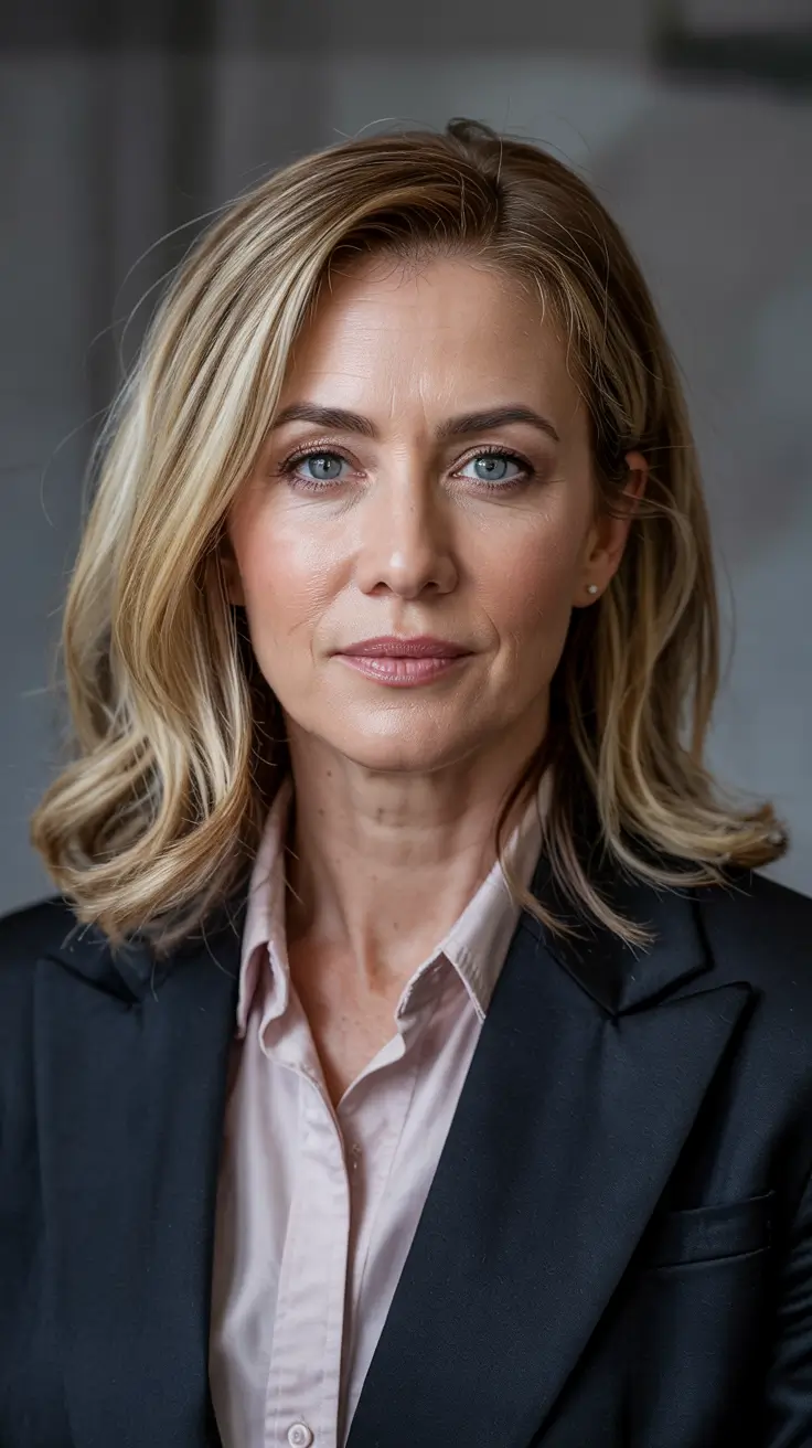 haircuts for women over 40 2026 Polished Blonde Layers With a Professional Edge