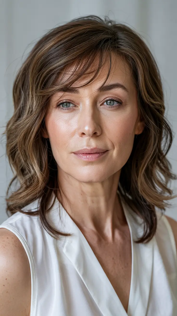 haircuts for women over 40 2026 Layered Mid Length Cut With Soft Bangs