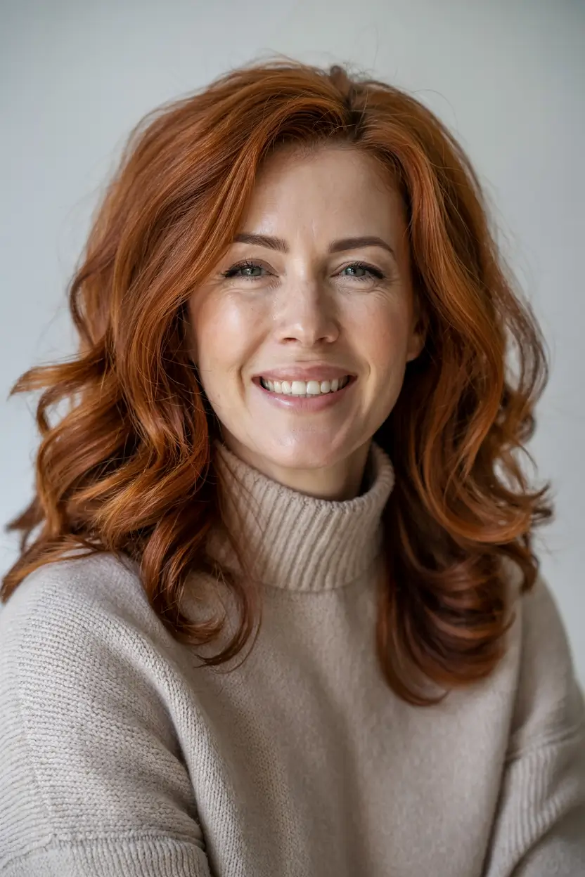 haircuts for women over 40 2026 Warm Auburn Curls With Volume