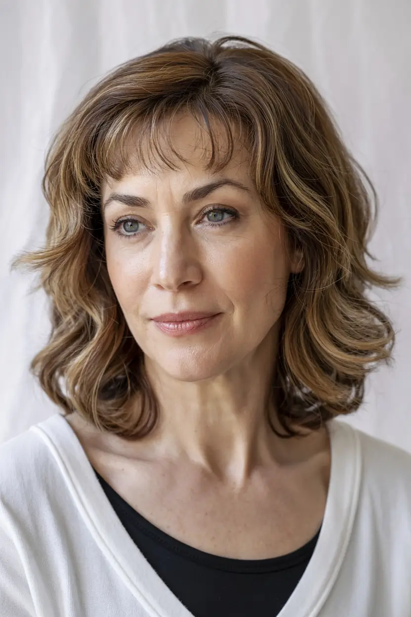 haircuts for women over 40 2026 Soft Tousled Layers With Wispy Fringe