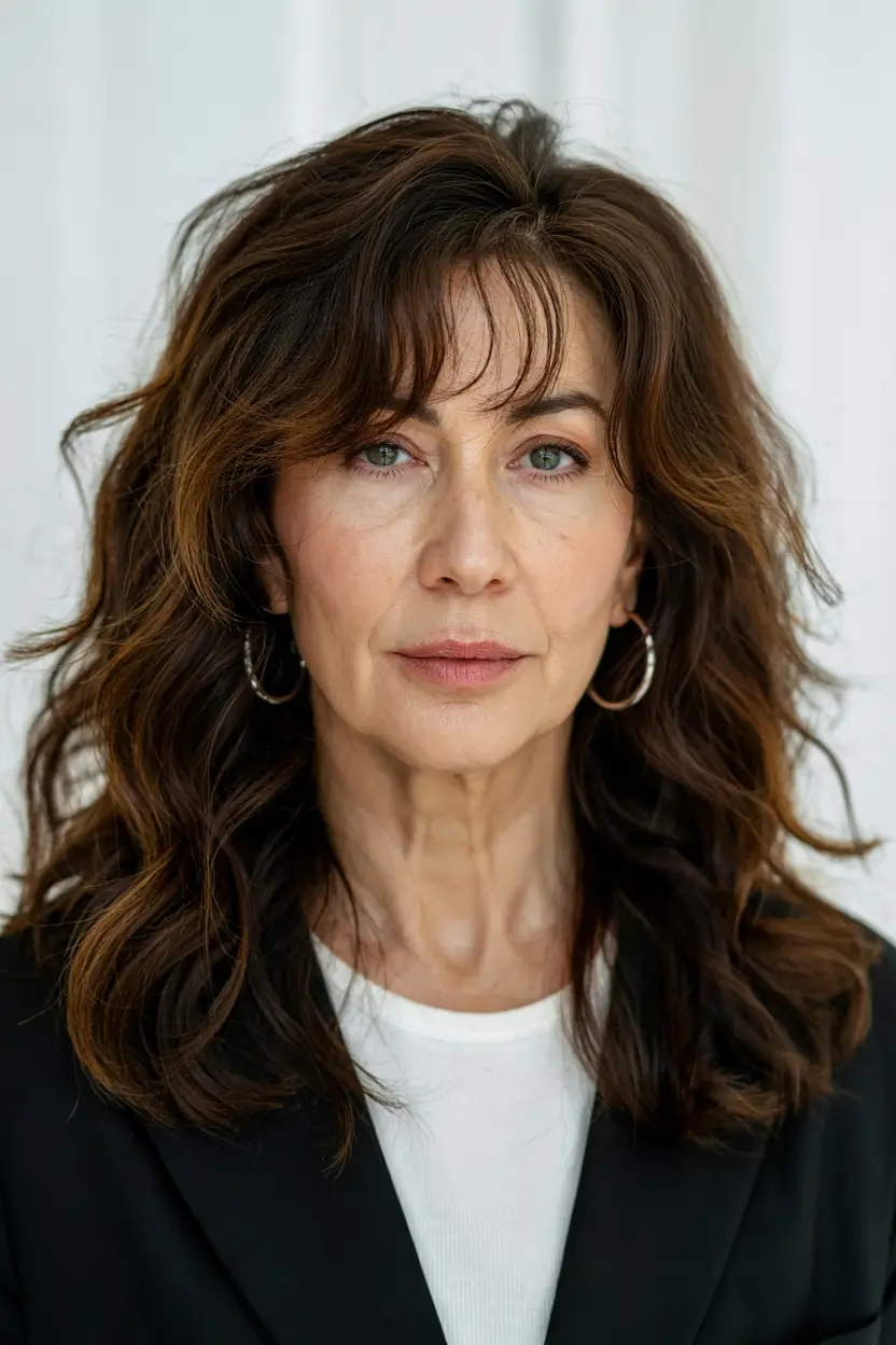haircuts for women over 40 2026 Voluminous Brunette Waves With Depth