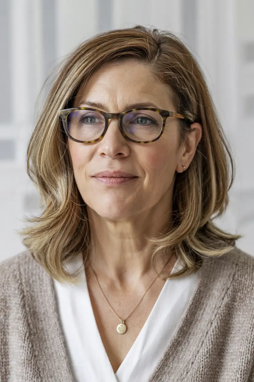 haircuts for women over 40 2026 Soft Blonde Layers With Glasses