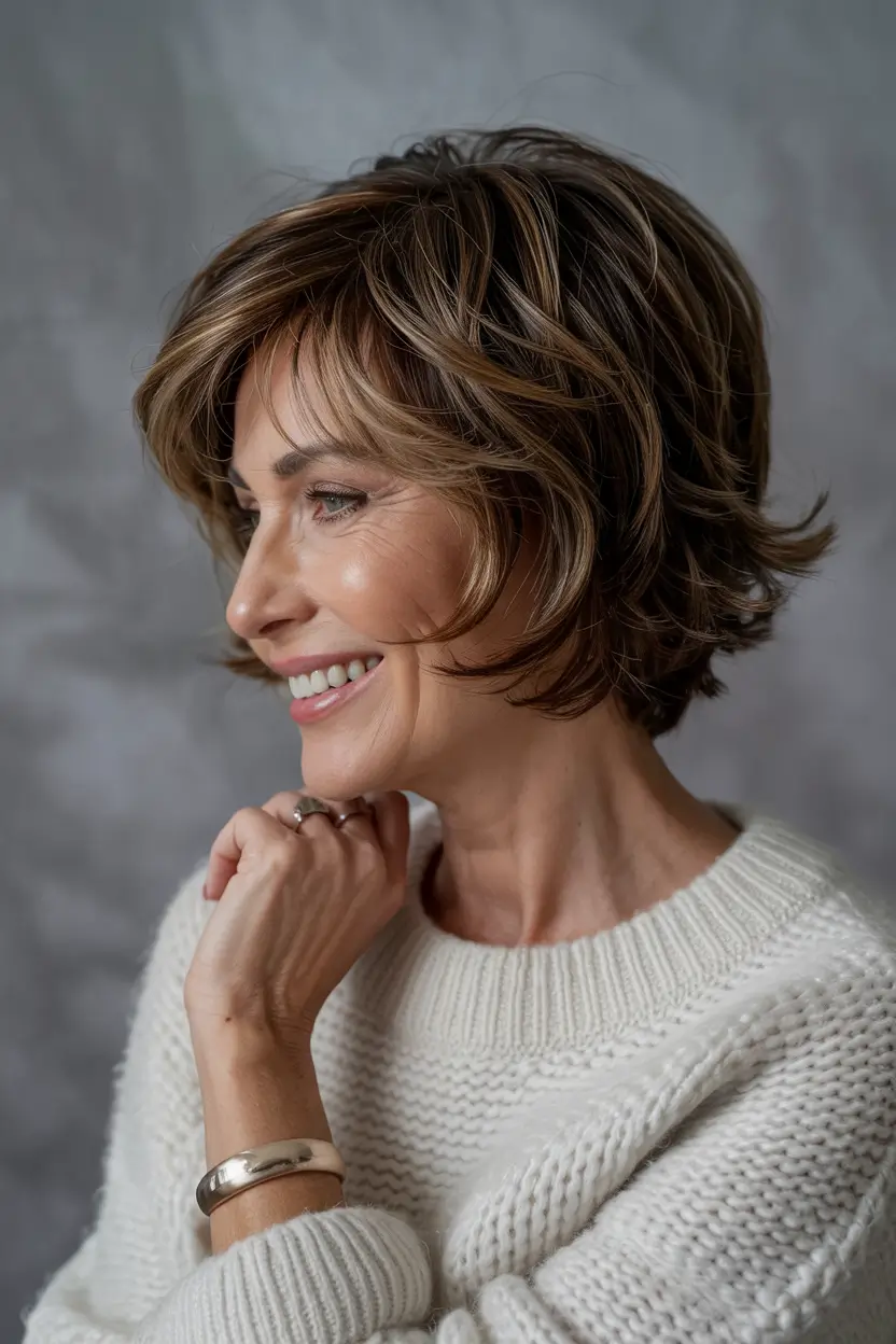Women over 50 haircut inspiration 2026 Layered Caramel Bob