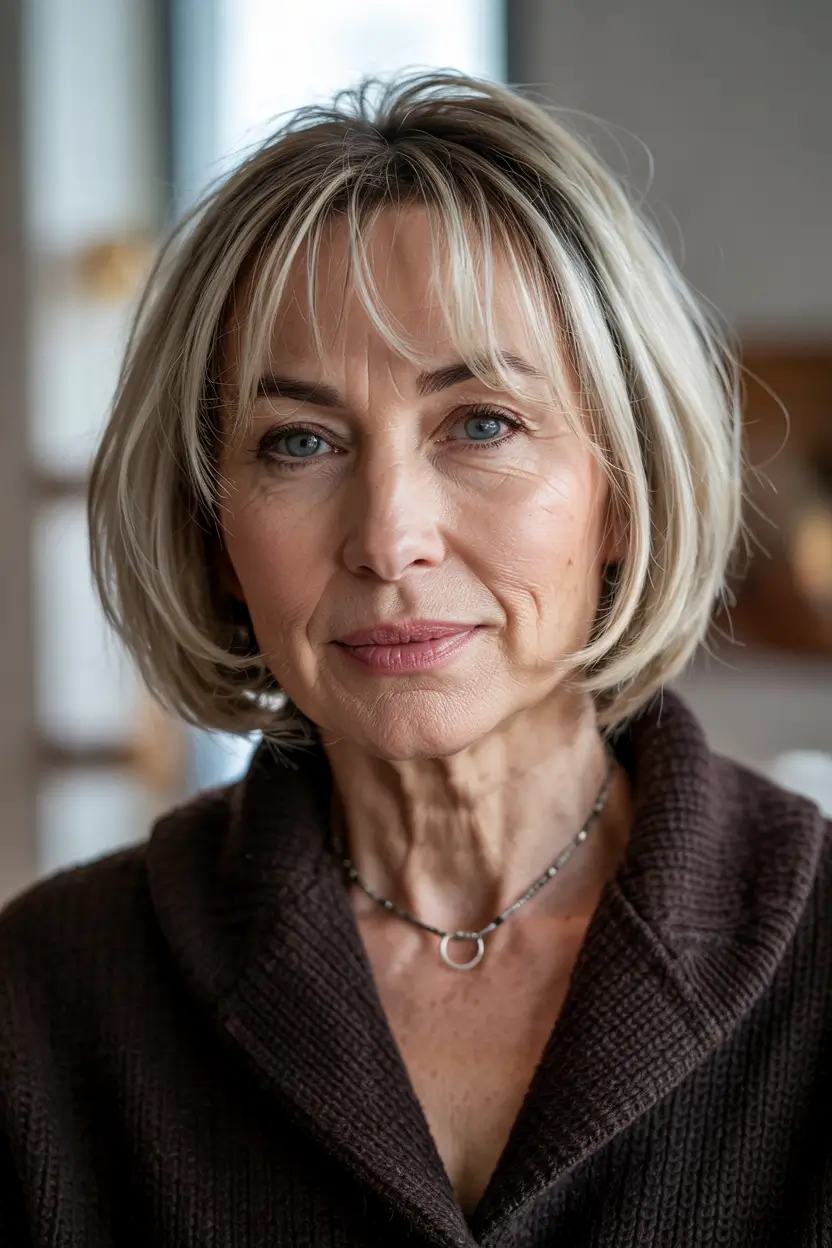 Women over 50 haircut inspiration 2026 Soft Blonde Bob With Fringe