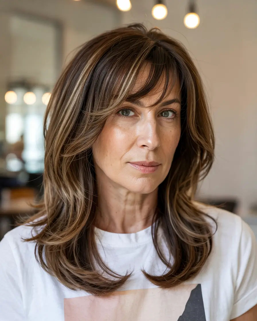 Women over 50 haircut inspiration 2026 Glossy Long Layers With Bangs