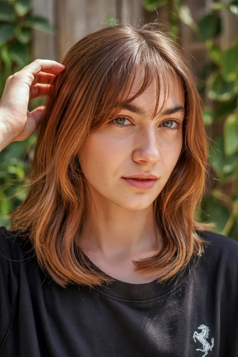 Bangs hairstyle inspiration 2026 Warm Honey Layers with Soft Fringe