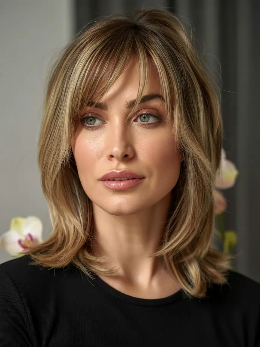 Bangs hairstyle inspiration 2026 Beige Blonde Layers with Modern Side Bangs