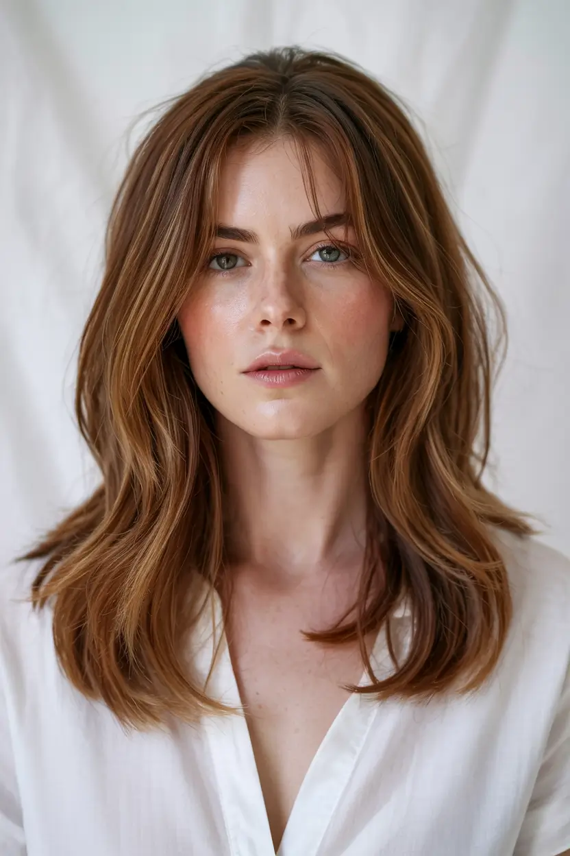 Bangs hairstyle inspiration 2026 Soft Chestnut Flow with Center Bangs