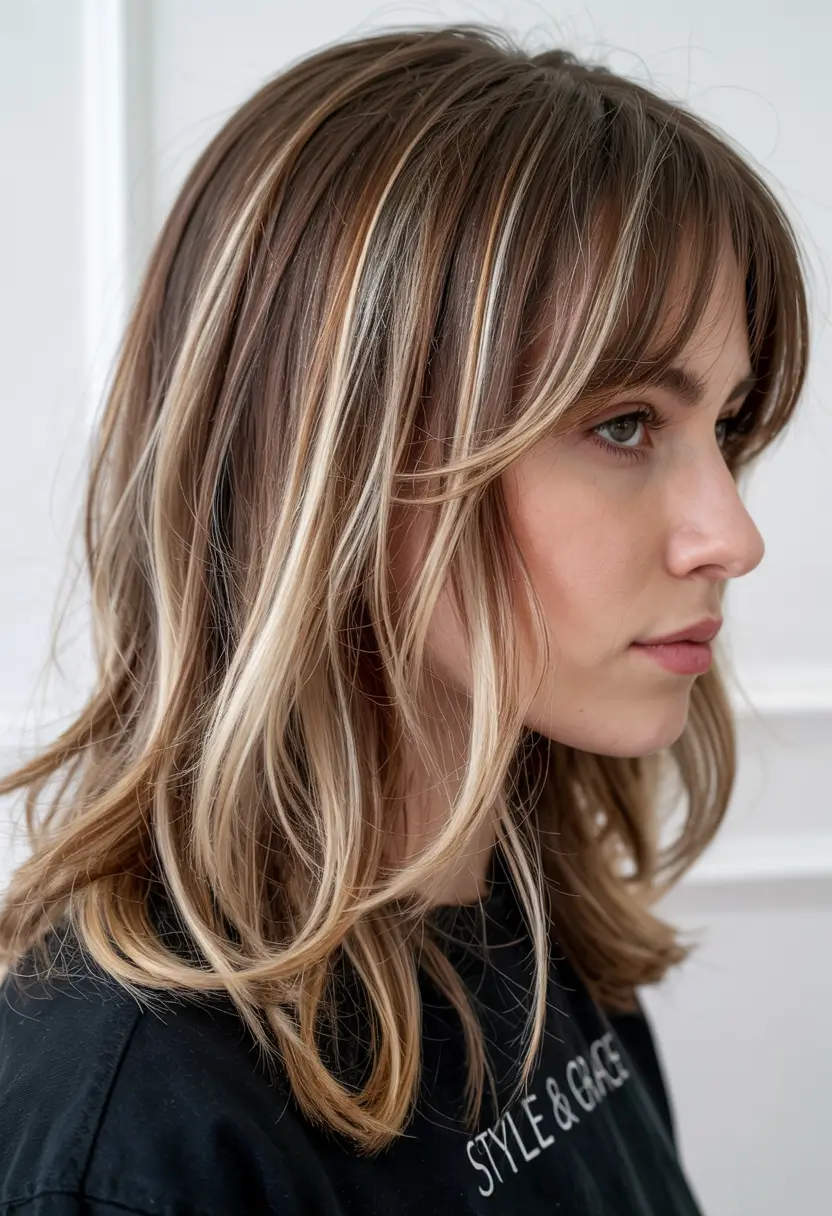 Bangs hairstyle inspiration 2026 Dimensional Highlighted Lob with Airy Bangs