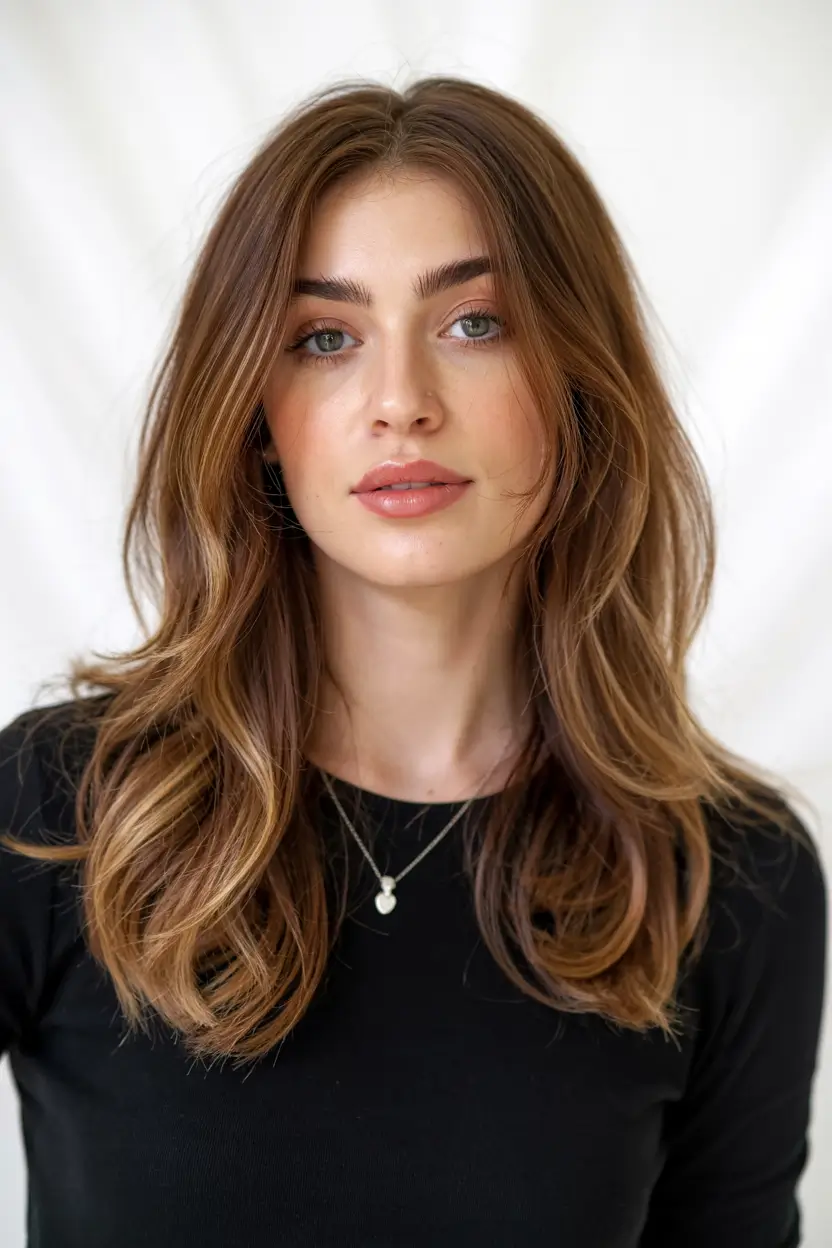 Bangs hairstyle inspiration 2026 Golden Chestnut Layers with Curtain Bangs