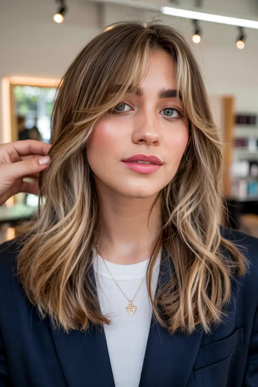 Bangs hairstyle inspiration 2026 Ash Blonde Layers with Wispy Curtain Fringe