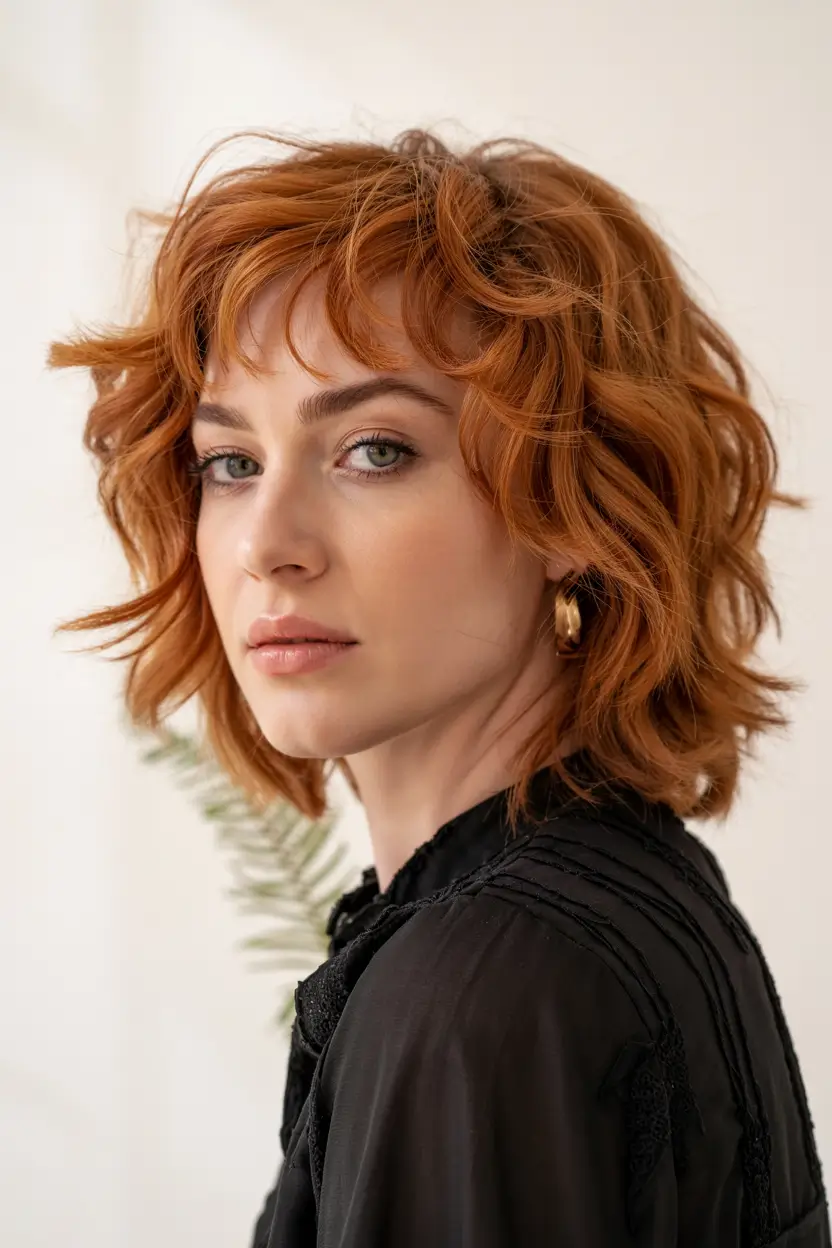 Bangs hairstyle inspiration 2026 Copper Shag Revival with Feathered Bangs