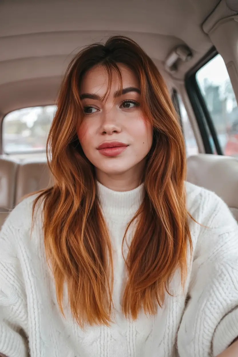 Bangs hairstyle inspiration 2026 Amber Red Layers with Wispy Curtain Bangs